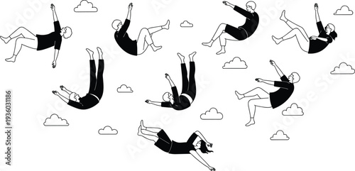 Falling human silhouettes, surreal sky illustration, dreamlike descent vector, minimalist art design, free fall concept, abstract motion figures, clouds background