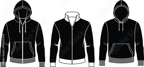 Zip‑up hoodie, pullover hoodie, stand‑up collar jacket, fashion outerwear, casual clothing, sportswear, streetwear, apparel design, garment illustration, style comparison