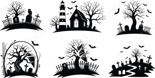 Halloween graveyard silhouettes, spooky cemetery illustration, bats flying vector, haunted trees design, eerie tombstones art, gothic horror concept, dark night scene