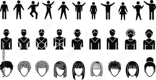 Human silhouettes collection, diverse clothing styles vector, hairstyle variation icons, male female figures illustration, avatar design art, identity concept graphics