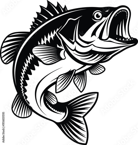 Bass Fish Jumping Silhouette Vector Illustration Aggressive Freshwater Predator with Open Mouth Isolated on White Background for Fishing Logo, Angling Emblem, Sport Fish Design