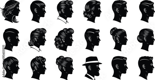 Human profile silhouettes, diverse hairstyles headwear, male female side view, fashion identity vector, cultural grooming art, hairstyle variation illustration