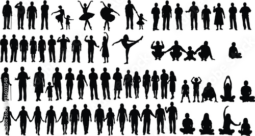 Human silhouettes collection, diverse people poses, dancing walking sitting figures, family community vector, lifestyle design art, posture illustration, interaction concept