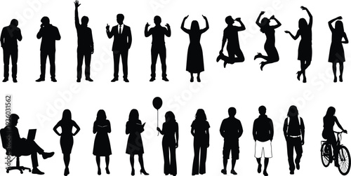 Human silhouettes vector, diverse people poses, casual and professional activities, walking cycling laptop figures, lifestyle design art, posture illustration concept