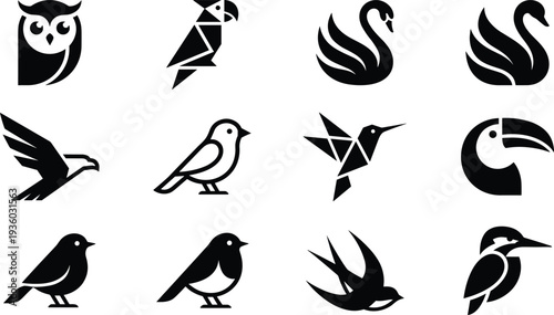 Bird silhouette icon set including owl, swan, eagle, toucan, hummingbird and swallow, modern animal logo collection for wildlife branding, nature design and vector illustration