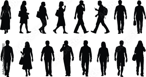 Human silhouettes vector, walking standing figures, male female posture illustration, casual gesture design art, diverse body language graphics, lifestyle concept