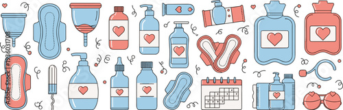 Menstrual hygiene products flat vector icon set with sanitary pads tampons menstrual cup calendar and feminine care items