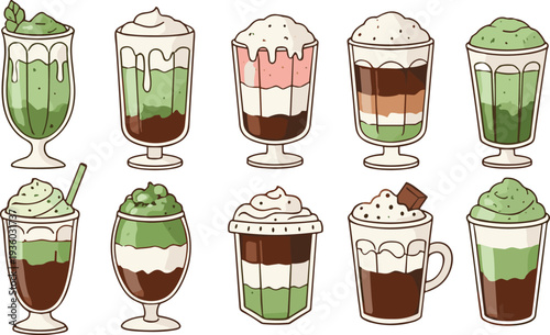 Matcha and chocolate layered dessert drinks flat vector illustration set with milkshakes smoothies and sweet cafe beverages