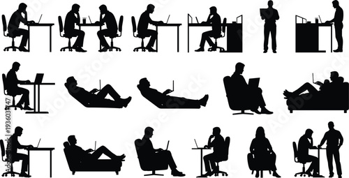 Laptop silhouettes collection, people studying working vector, casual office posture illustration, digital learning design art, technology lifestyle concept graphics