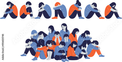Depressed sad people sitting and hugging knees flat vector illustration set representing mental health anxiety loneliness and emotional stress concept