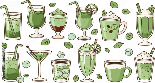Matcha green tea drinks collection flat vector illustration with smoothies latte cocktails and desserts for cafe menu design