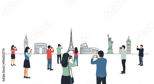A diverse group of tourists is depicted photographing famous outlined global landmarks with various cameras and smartphones on a white background.
