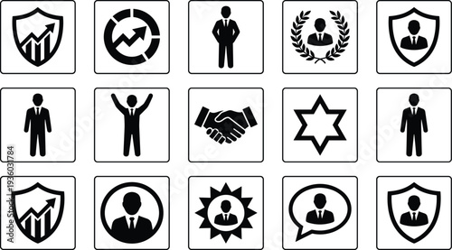 Business and corporate management icon set with shield, handshake, leader and growth symbols, professional teamwork and leadership vector icons for company branding