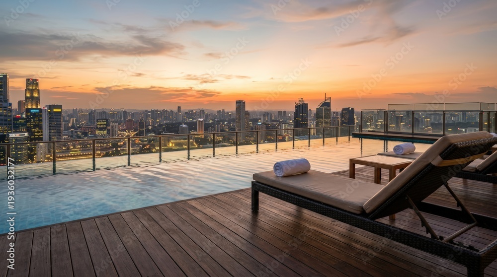 Fototapeta premium Luxury Rooftop Infinity Pool with City Skyline at Sunset