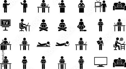 Technology interaction pictograms, laptop TV icons, digital lifestyle vector, work from home illustration, modern activity design art, user posture graphics