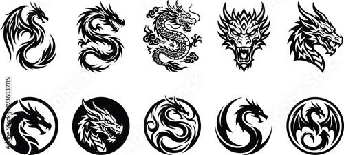 Dragon silhouette logo set with fierce mythical creatures, fantasy beast emblems for gaming, tattoo art, esports mascot branding and powerful vector design collection