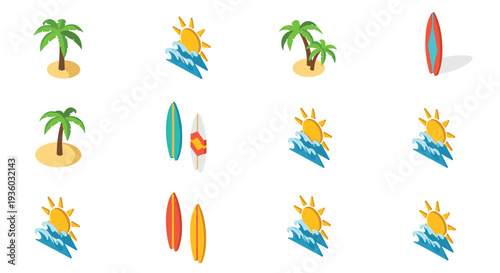 A grid of twelve isometric icons depicting palm trees, suns with waves, and surfboards is arranged on a clean white background.