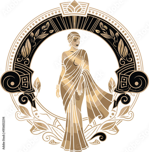 Elegant vintage woman in saree art deco style vector illustration, ornamental circular frame with floral elements, luxury fashion design inspired by traditional Indian culture