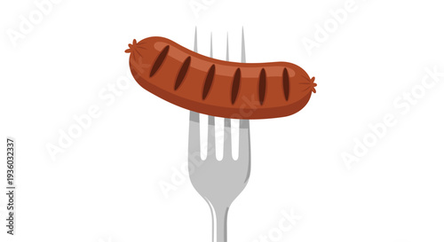 A single darker brown grilled sausage with prominent grill marks is skewered on a shiny silver four-tined fork against a white background.