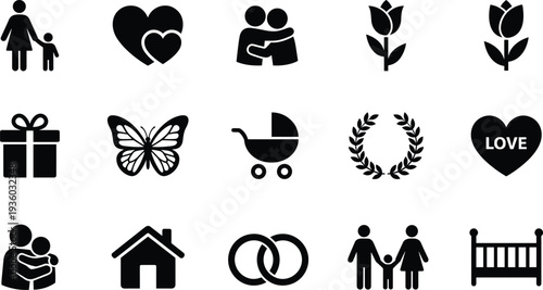 Family love and relationship icon set with heart, parents, baby stroller, wedding rings and home symbols, minimalist vector collection for parenting and lifestyle
