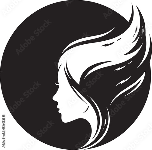 Elegant woman face silhouette with flowing hair inside circle, beauty salon logo vector illustration, modern feminine emblem for hair stylist, cosmetics branding