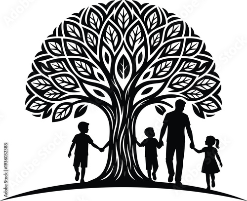 Family silhouette under tree of life illustration, parent and children holding hands symbolizing love, unity, growth and nature connection vector design