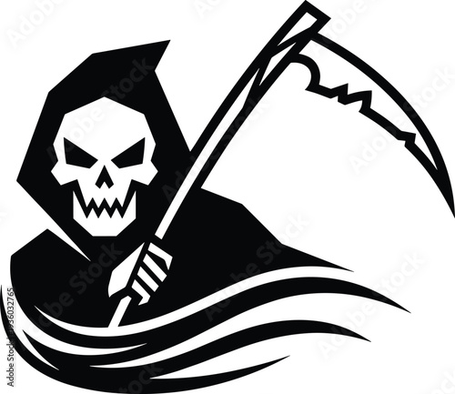 Grim reaper skull with scythe silhouette logo, dark death mascot illustration for Halloween, gothic horror emblem, spooky tattoo design and scary vector symbol