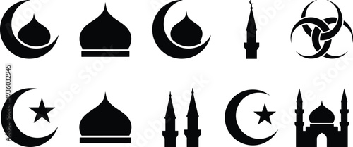 Islamic crescent moon and mosque silhouette icon set with minarets, domes, star and Ramadan Kareem symbols, Muslim religion vector elements for Eid design