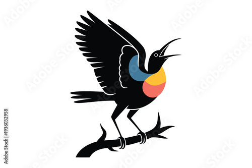 Colorful Bird Perched on Branch Singing