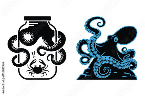 Octopus Escaping Jar, Crab Trapped Inside