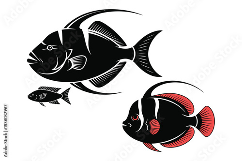 Three Stylized Tropical Fish, One with Red Fins