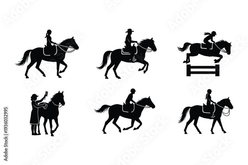 Horse Riding and Jumping Silhouettes Icon Set