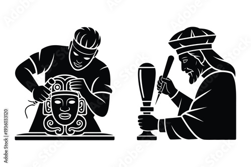 Ancient Craftsmen: Carving and Writing Historical Vector Art