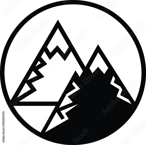Minimalist mountain landscape inside circular frame silhouette, outdoor adventure nature vector logo illustration for hiking, camping, travel branding and wilderness exploration design