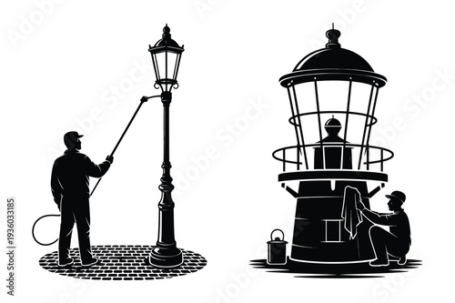 Lighthouse Keeper and Street Lamp Cleaner Vector Icons