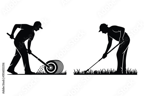 Golfer Rolling Green and Raking Sand Trap, Silhouette Vector