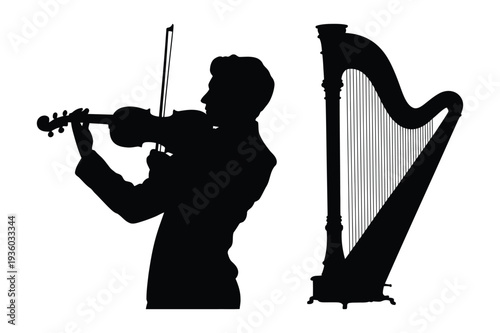 Violinist and Harpist, Classical Musicians Silhouette Vector