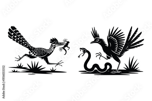 Roadrunner Chasing Lizard, Roadrunner Fighting Snake Silhouette