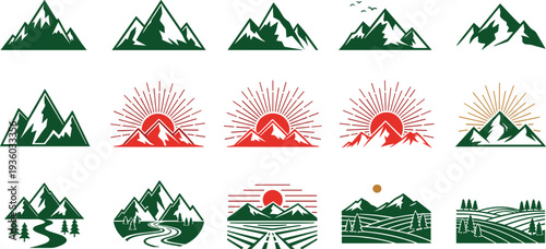 Mountain landscape logo collection with sun rays, forest, river and valley silhouettes, outdoor adventure nature vector icons set for hiking, camping, travel branding