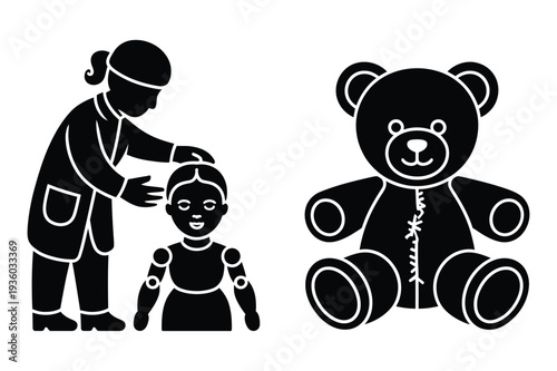 Doctor Examining Doll and Teddy Bear Icon Vector