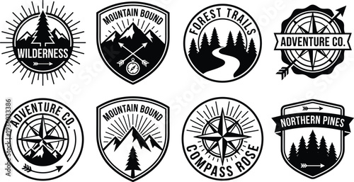 Outdoor adventure badge logo set with mountains, forest, compass and wilderness symbols, vintage camping and hiking emblems for travel branding vector collection