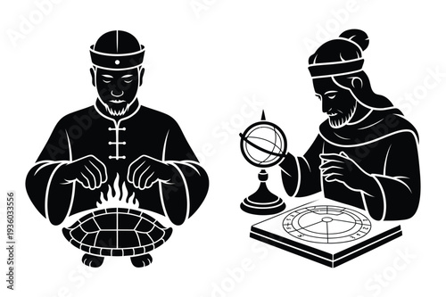 Ancient astronomers or mystics with celestial instruments