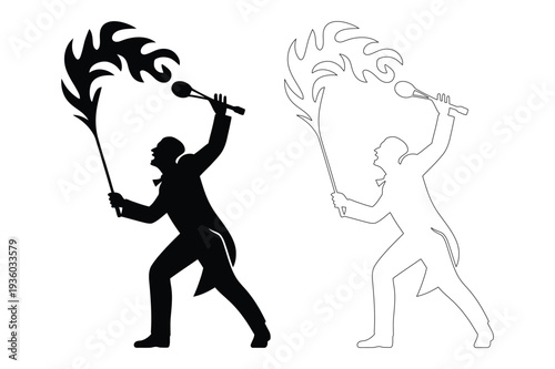 Fire performer, magician with flaming torch silhouette