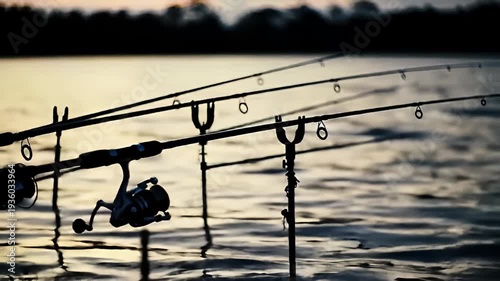 Silhouetted fishing rods set up near tranquil water during a serene sunset backdrop