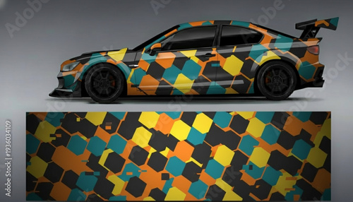 Sports car with a vibrant geometric checkered camouflage wrap design and full pattern display.