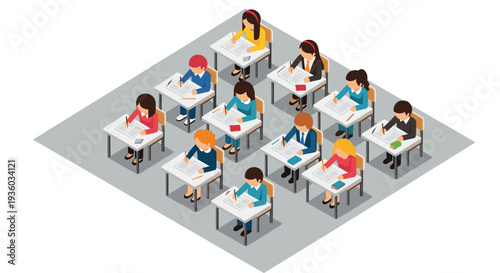 Twelve students are actively writing on papers at individual white desks with brown tops, arranged in a grid on a light grey platform.