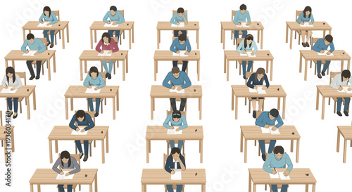 Numerous students are diligently writing on papers while seated at individual light brown wooden desks, arranged in dense rows.