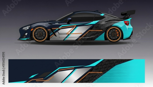 Modern sports car with a custom geometric vinyl wrap design in blue, silver, and orange accents, showcasing the vehicle's side profile and the graphic pattern.