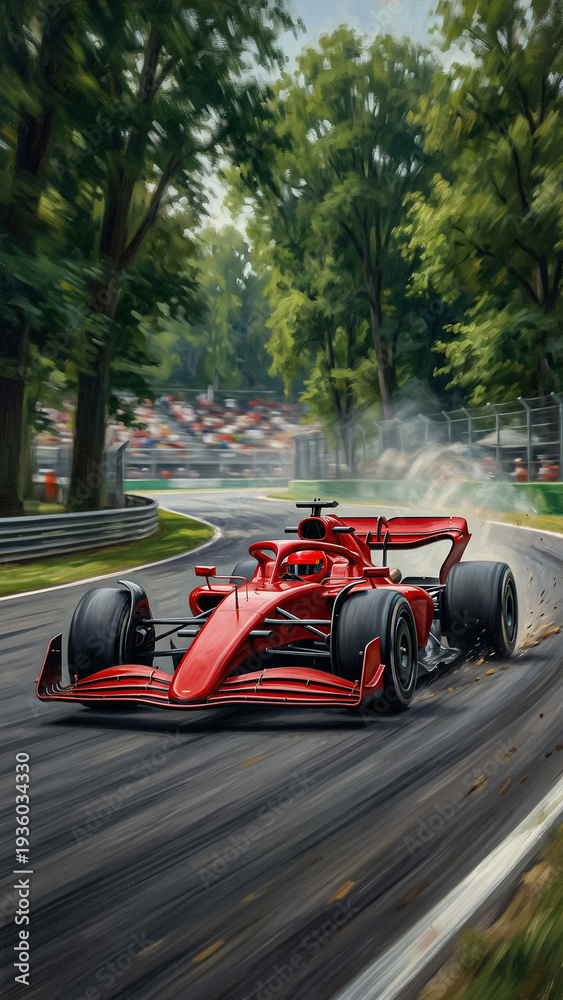 Fototapeta premium artistic painting of red formula one car racing through green forest