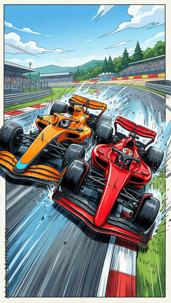 Obraz premium formula one racing cars battling on wet track in forest with water splashes during rainy day competition between red and orange cars